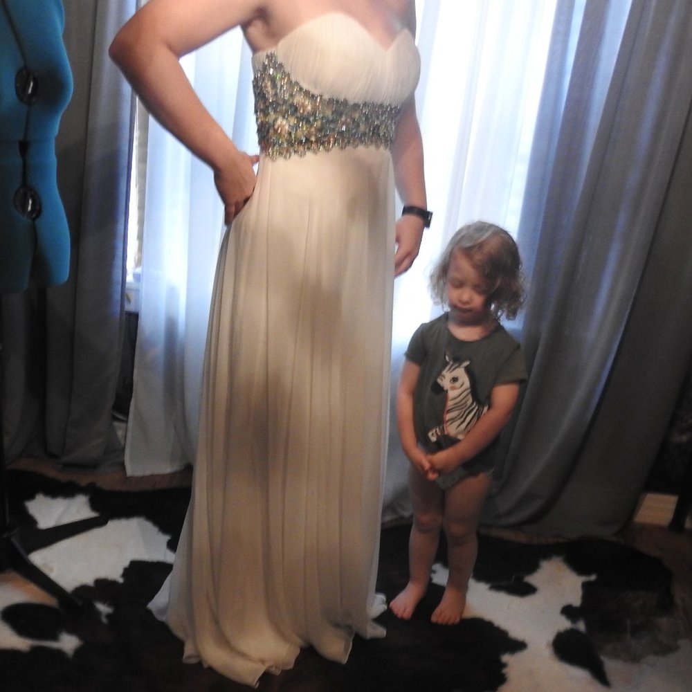 White Sherri Hill Jewel Encrusted Gown teal silver - Picture 6 of 15